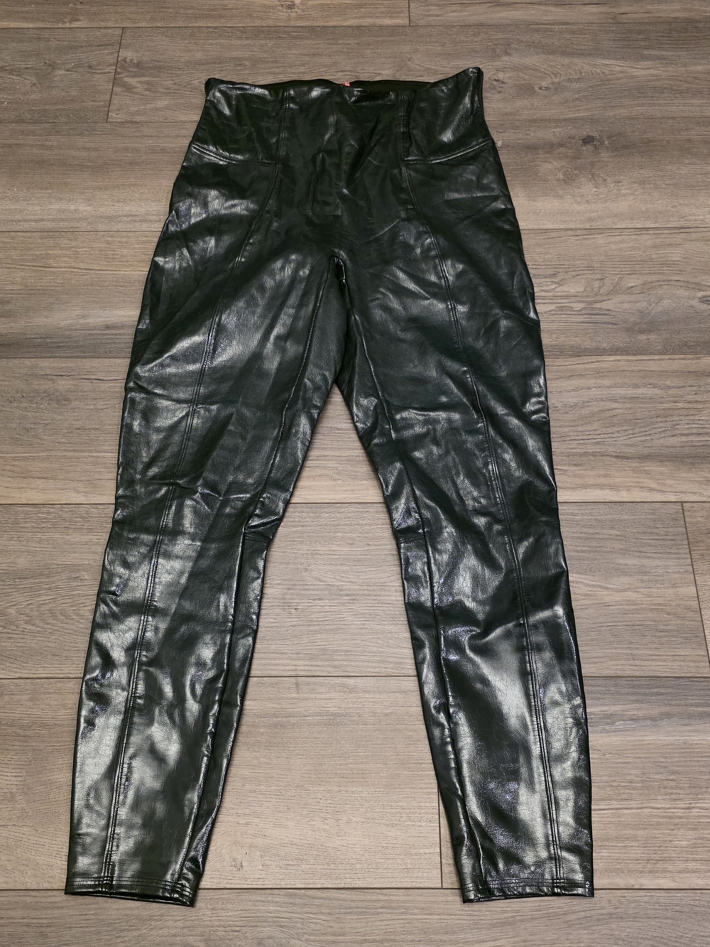 Spanx Faux Patent Leather Leggings Pull On Olive Green Womens Shiny Size Large